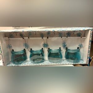 Blue Glass Candle Holders with Floral Accents, set of 4, NWT